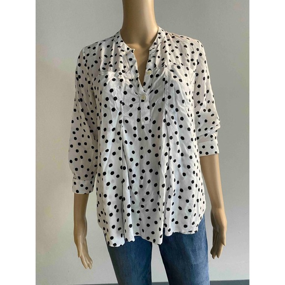 Maeve Polka Dot Blouse 3/4 Sleeve Button Down‎ White Black Top Small - Picture 1 of 7